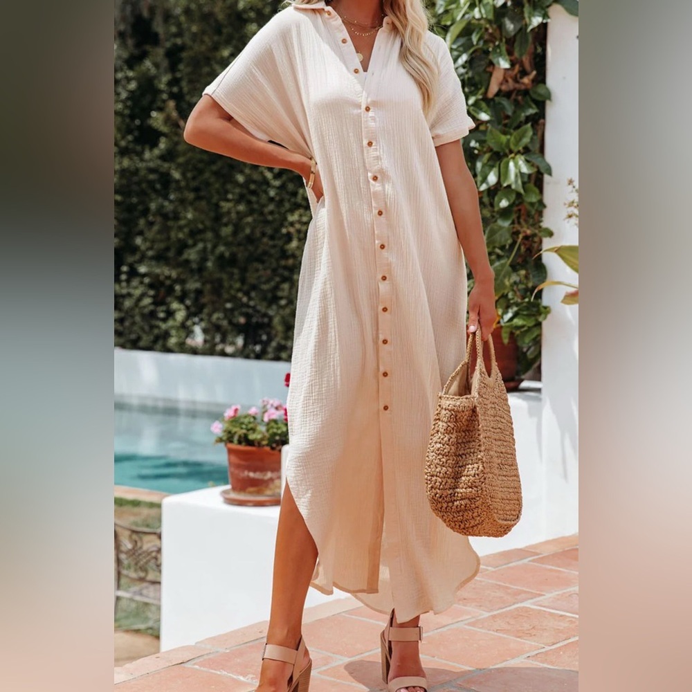 Beach Bum Full Length Button Down Beach Cover Up Gauze Shirt Dress 2XL